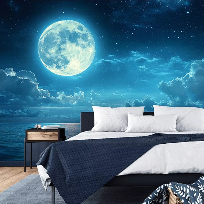 Tapeta do sypialni 3D na ścianę - Księżyc, Ocean, Chmury - R2409272